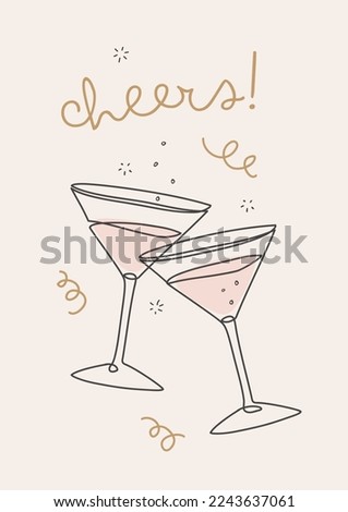 Hand Drawn Vector Illustration With "Cheers!” Lettering And Martini Glasses In Continuous Line Drawing Style. Simple Graphic Design Ideal For Carnival Party Poster, Invitation Or Greeting Card. Royalty-Free Stock Photo #2243637061