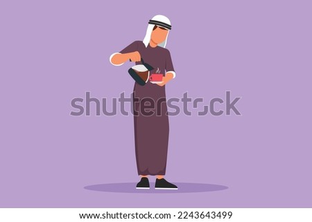 Graphic flat design drawing Arab man drinking coffee. Male standing and pouring coffee from kettle into cup. Enjoying weekend relax at home. Breakfast morning daily. Cartoon style vector illustration