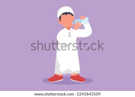 Graphic flat design drawing adorable Arab little boy standing while holding and enjoying bottle of fresh milk to fulfill his body nutrition. Child health and growth. Cartoon style vector illustration