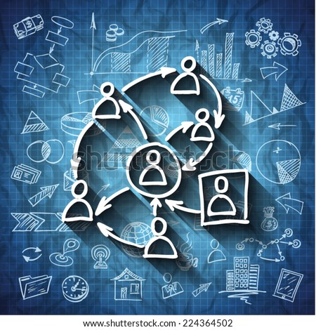 Sketched business blue print background with the people networking and icons - vector illustration