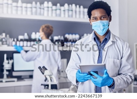 Portrait, science and black man with mask, tablet and laboratory for vaccine, cure or healthcare. Medical professional, face cover or Nigerian male in lab, diagnosis for virus, innovation or research Royalty-Free Stock Photo #2243667139