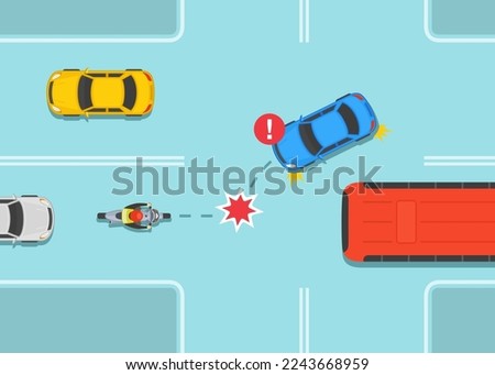 Safety car driving and bike riding rules. Dangerous left turn in front of moving motorcycle. Car and hidden motorcycle collision on crossroad. Flat vector illustration template.