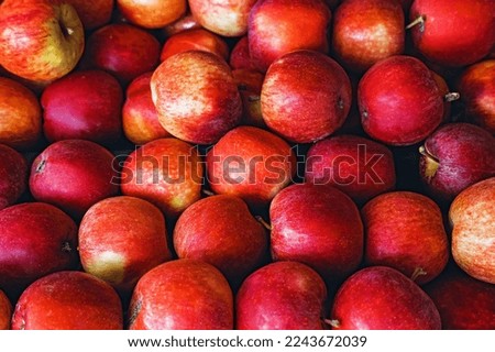 Delicious red apples on the farmers market, top view