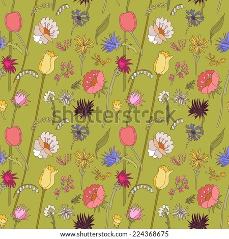 Floral seamless pattern with wildflowers. Messy background with tulip, lily, aster and other flowers.