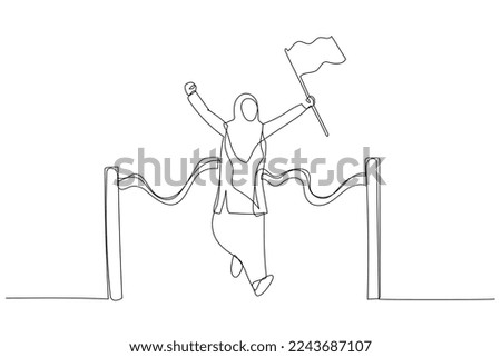 Cartoon of muslim business woman holding number flag first place in finish line. Single line art style
