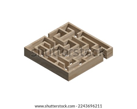 3D Illustration Art of A Square Wooden Maze, Labyrinth, Puzzle or Trap.  Isolated or Die Cut on White Background with Clipping Mask or Clipping Path.