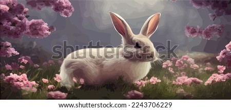 Rabbits. Beautiful art design vector of cute little easter bunnies in a blooming meadow. Spring flowers and green grass. Rabbits. Sun rays . Vector banner illustration