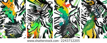 Set of hand drawn abstract nature background. vector colorful watercolor ink doodle tropical leaves flowers, splatters and shapes, background for paper, cover, fabric, interior decor.