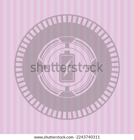 battery charging icon inside badge with pink background. Concept design. 