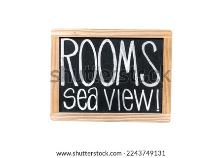 Hotel rooms available sea view chalkboard sign isolated, hostpitality business object
