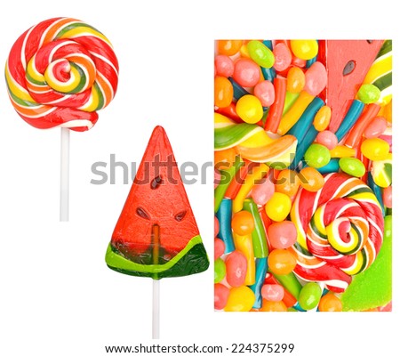 Bright sweets, lollipops, dragee, candies and jelly sweets. Collage