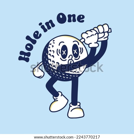 golf hole in one groovy retro mascot character vector illustration or t shirt design. Perfect for logo, poster, banner, icon, clip art, t-shirt, etc