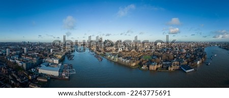 Panoramic aerial view over the city of London with Tower Bridge and River Thames - travel photography