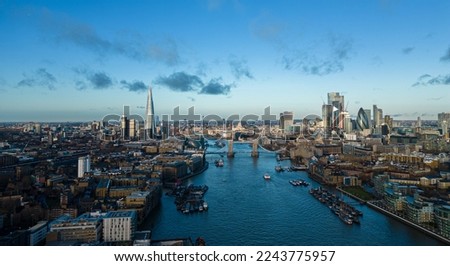 Typical aerial view over the city of London with Tower Bridge and River Thames - travel photography