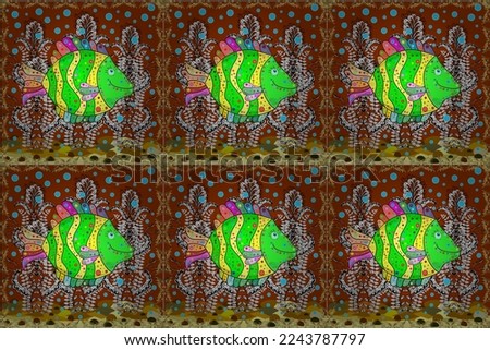 Raster illustration. Watercolor texture fish pattern. Yellow, white and brown. Seamless.