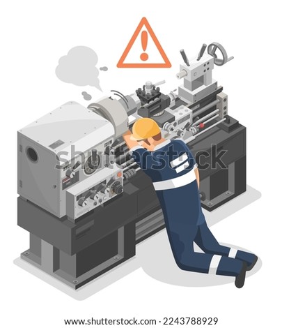 Worker is Injured Danger Heavy Duty Metal Lathe Machine Technician metalworker industrial experienced operator Maintenance concept isometric industrial machinery labor working on white background Royalty-Free Stock Photo #2243788929