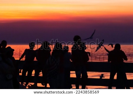 Silhouette and red sky in New Year's Eve, sunset at Bang Pu Sea, Gulf of Thailand