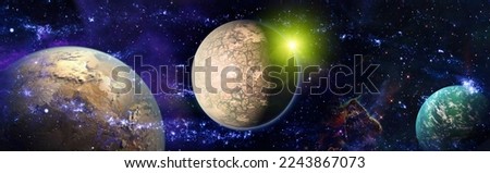 Planets, stars and galaxies. Panorama. Horizontal view for a glass panels .  Elements furnished by NASA