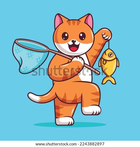 Cartoon illustration of cute cat with fish net holding a fish.