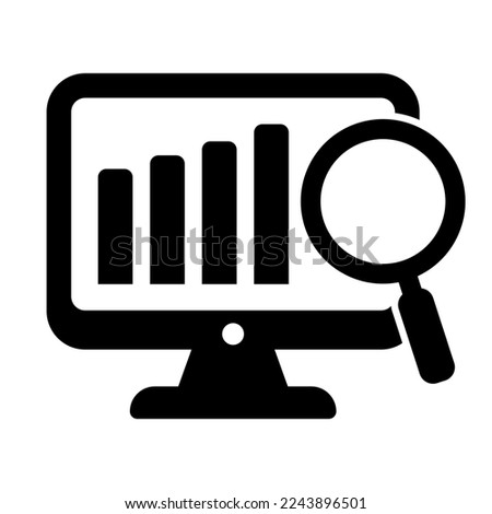 Screen with report icon, online monitoring concept, statistics icon. Online search icon.