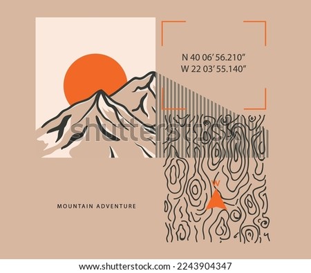 Mountain adventure print design for t shirt and others. Wooden texture graphic artwork for sticker, poster, background. Royalty-Free Stock Photo #2243904347
