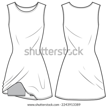 Women Sleeveless Sport dress with inner compression  tight shorts design flat sketch fashion illustration with front and back view. Tennis dress sports wear jersey uniform kit for girls and ladies Royalty-Free Stock Photo #2243913389