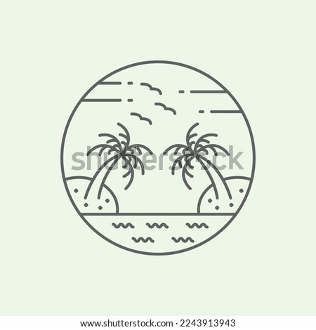 beach wave line art icon logo design minimalist illustration palm tree badge