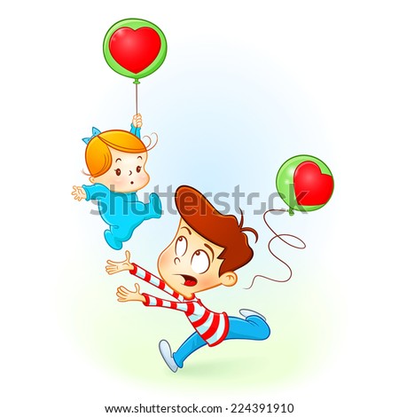 A boy caring of his baby sister. A baby girl falling with a red balloon and her brother watching out for her. Cartoon illustration shows the brother loves his sister.