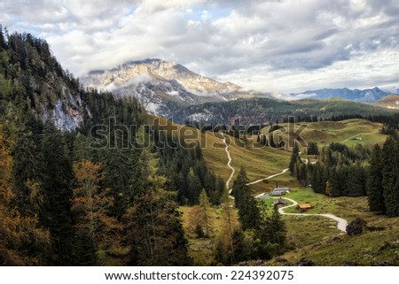 View on Mountains at the sea of Kings in Berchtesgaden. Lovely Landscape Autumn Picture from the Alps in Bavaria, Germany