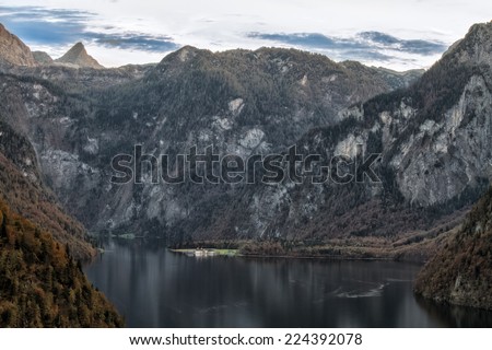View on Saint Bartholemew at the sea of Kings in Berchtesgaden. Lovely Autumn Picture from the Alps in Bavaria, Germany