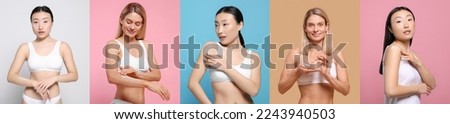Collage with photos of women applying body cream on different color backgrounds. Banner design