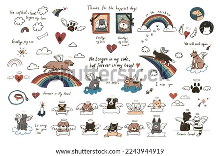 Pet cat, dog, heart, rainbow death illustrations set.