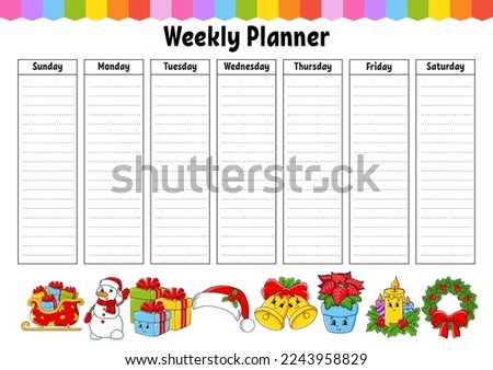 Weekly planner. Bright colorful blank printable template. Christmas theme. Vector illustration.