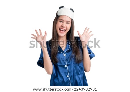half body photo of mature asian female woman happy positive smile wear pajama comfort silk texture cloth and eye mask isolated over white color background studio shot