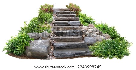 Cut out stairs made of large stone steps. Staircase lined with green plants for landscaping or garden design. Rock steps isolated on white background. Royalty-Free Stock Photo #2243998745