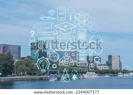 Panorama Boston city view skyline and Massachusetts Institute of Technology campus at day time. Technological and educational concept. Academic research and top ranking universities, hologram