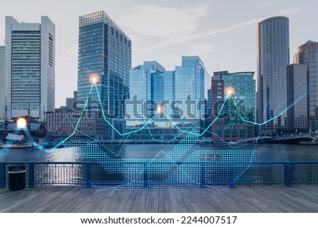Skyscrapers Cityscape Downtown View, Boston Skyline Buildings. Beautiful Real Estate. Day time. Forex Financial graph and chart hologram. Business education concept.