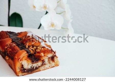 Delicious cake with peanut butter cream layer and chocolate topping. Bakery white magnolia flower on background.