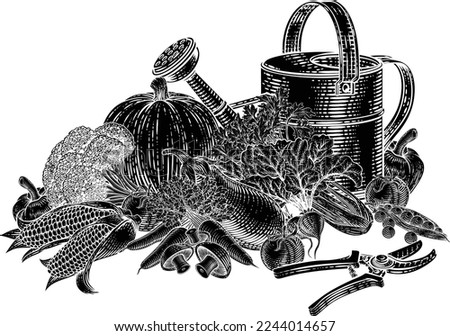 Vegetables and fruit produce with gardening garden tools. Illustration in a vintage retro woodcut etching style.