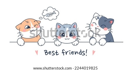 Three cute cats with different emotions and lettering best friends