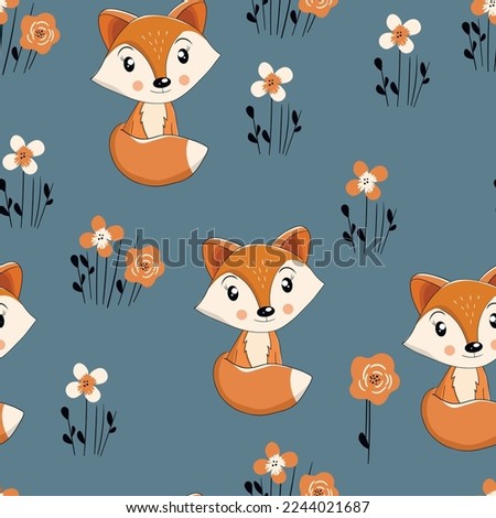 Seamless pattern with cute fox baby on color background. Funny forest animals. Card, postcards for kids. Flat vector illustration for fabric, textile, wallpaper, poster, paper.