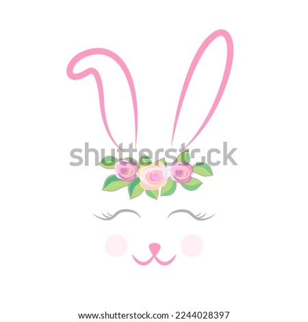 Cute bunny with Floral Wreath. Rabbit girl with Flowers and leaves. Vector illustration for kids.