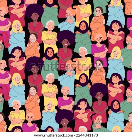 Embrace equity seamless pattern with girls vector illustration. Diverse women hugging herself. International women's day campaign. Isolated on black background Royalty-Free Stock Photo #2244041173