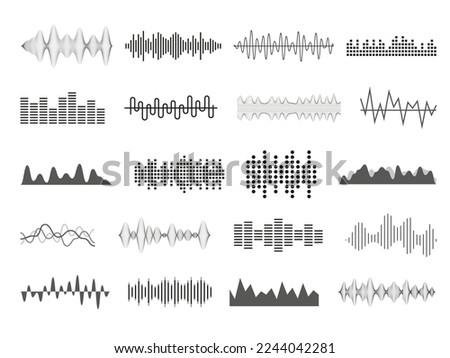 Sound wave. Music audio icons. Radio soundwave. Stereo pulse chart. Bar rhythm for logo. Heart impulse graphic. Wavelength signal. Voice frequency. Vector abstract waveform shapes set Royalty-Free Stock Photo #2244042281