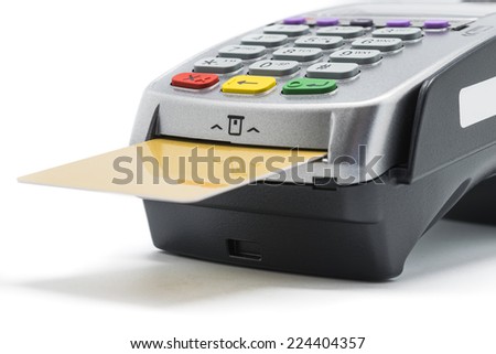 Credit card and card reader machine on white background