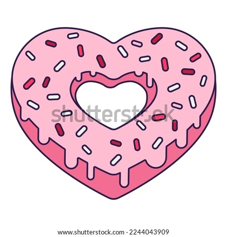 Retro Valentine Day icon donut heart of heart shape. Love symbol in the fashionable pop line art style. The sweet chocolate hearts are soft pink, red, and coral colors. Vector illustration isolated on Royalty-Free Stock Photo #2244043909