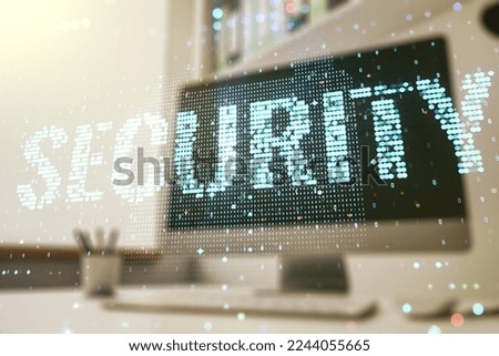 Cyber security creative concept and modern desktop with computer on background. Double exposure