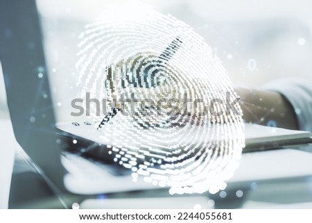 Abstract creative fingerprint illustration with hand writing in diary on background with laptop, personal biometric data concept. Multiexposure
