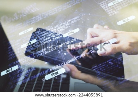 Double exposure of abstract creative programming illustration with world map and finger clicks on a digital tablet on background, big data and blockchain concept