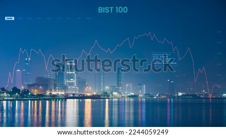 Izmir, Turkey - January 02 2023: BIST 100 stock market 2022 summary and city photo in background.